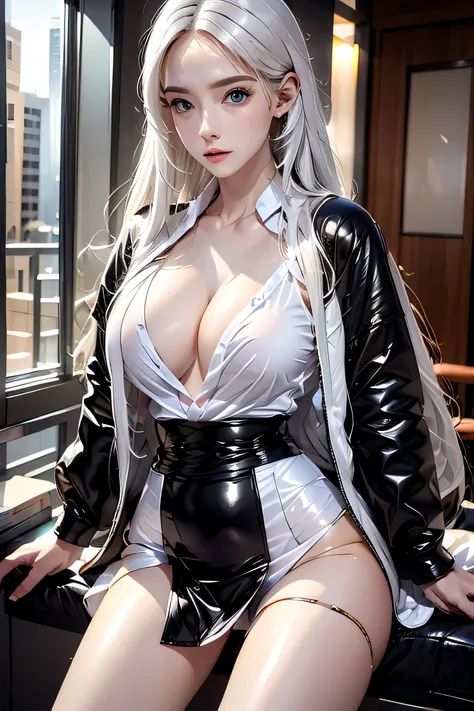 realistic, High resolution, soft light, 1 female, alone, hip up, blue eyes, white long hair, uniform, Jacket, shirt, skirt,((erect nipples)), thin waist,