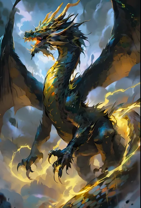 a dragon with a lightning bolt in its mouth flying through the air, Ancalagon, o Negro, Black Dragon, epic dragon, charging through a dragons lair, dragon art, a majestic gothic dragon, european dragon, storm dragon, dragon breathing fire, DRAGON LENDARIUS...