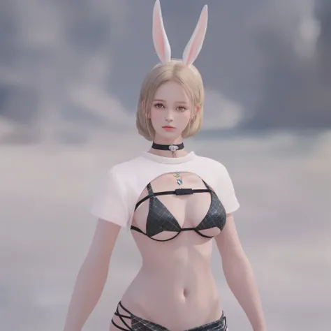 there is a woman in a bikini and oreilles de lapin in the water, fille déguisée en lapin, ultrarealistic sweet fille déguisée en lapin, with oreilles de lapin, oreilles de lapin, oreilles de lapin, costume de lapin, with big oreilles de lapin, wearing cybe...