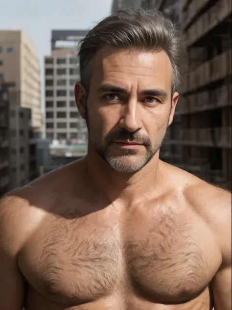 masterpiece, best quality, high resolution, closeup portrait, male focus, solo focus, A man, 55 years old, grey hair, in trunks, grey silver hair, messy hairstyle, cute and seductive face, bare chest, body hair, facial hair, pale skin, goatee, model face, ...