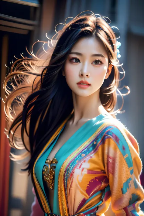 high-res, realistic, detailed eyes and face, flowing dress, vibrant colors, battle background, soft lighting, oil painting style