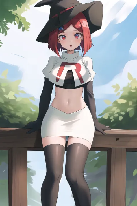 Masterpiece, Best Quality,  1girl, hat, witch hat, outdoors, sky, team rocket,team rocket uniform,white skirt,red letter R,crop top,black thigh-highs,black elbow gloves