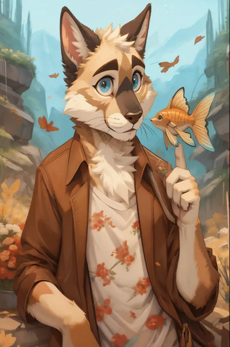 there is a cat that is holding a fish in its hand, arte fursona, Antro Arte, very very beautiful arte peluda, arte fursonae peluda commission, gato cavalo marinho fursona, arte peluda, arte peluda!!!, arte peludaist, gato antropo, retrato antropo, fursona ...