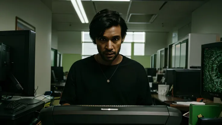 fotografia profissional, portrait of a short black haired male homem alone in a dark office full of green computers, horror, ter...