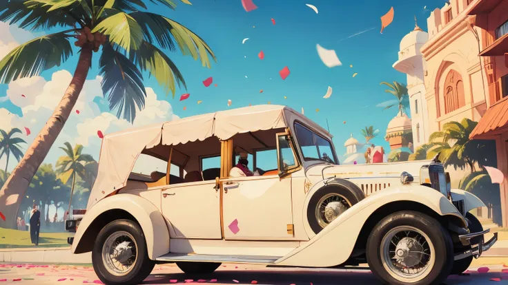 groom riding in white vintage car in indian baraat ceremony, palm trees, confetti in the air