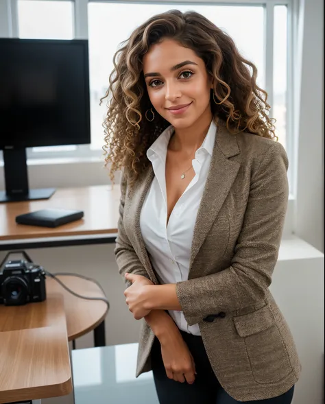 portrait of a business woman, 27 years old. happy expression. white background. Beautiful. curly hair. rich brazilian features. real estate agent style. Body is facing the camera. Eyes are looking at the camera. Foto RAW em sequencia, caucasian, planos de ...