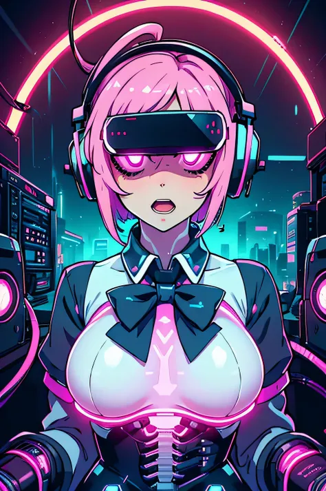 Anime cyborg girl sitting in a pilot seat wearing a virtual reality headset covering her eyes on her face with machinery and tubes and wires going inside her head and brain, (Best quality,highres:1.2), ultra-detailed, (realistic:1.3), cyberpunk, futuristic...