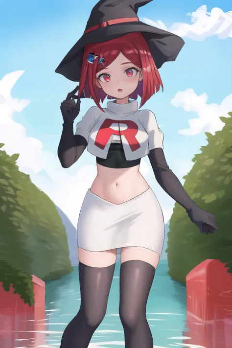 Masterpiece, Best Quality,  1girl, hat, witch hat, outdoors, sky, team rocket,team rocket uniform,white skirt,red letter R,crop top,black thigh-highs,black elbow gloves