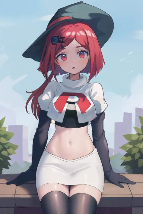 Masterpiece, Best Quality,  1girl, hat, witch hat, outdoors, sky, team rocket,team rocket uniform,white skirt,red letter R,crop top,black thigh-highs,black elbow gloves