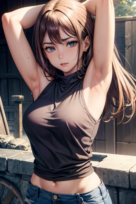 8K high resolution,detailed face,Detailed BPDY,perfect body,super high quality,1 girl,sleeveless shirt,Raise the hand,armpit, sweating