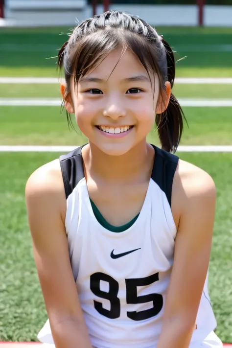 (Beautiful 8 year old Japanese woman), cute face, (deeply carved face:0.7), (freckles:0.6), dramatic lighting, shy, pony tail, (smile), (sparkling eyes), slender, Athletics, track and field track, sitting, white tank top