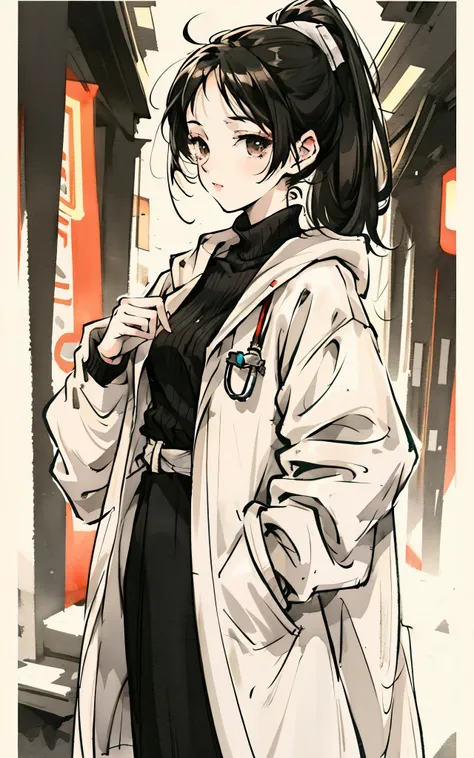 woman，black hair，doctor，single ponytail，white coat