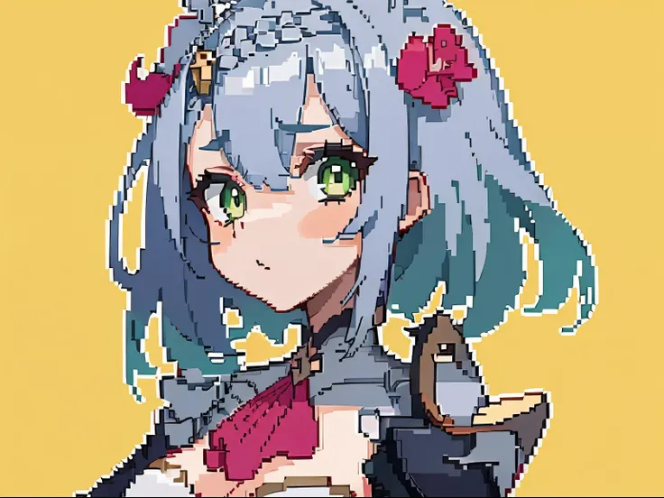 masterpiece, high quality, hcnone, pixel art, 1girl, noelle genshin impact, silver hair, green eyes, simple gold color background