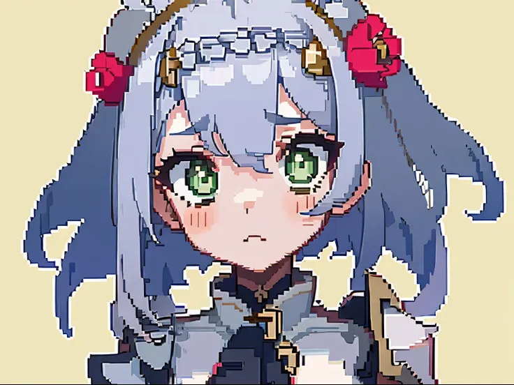 masterpiece, high quality, hcnone, pixel art, 1girl, noelle genshin impact, silver hair, green eyes, simple gold color backgroun...