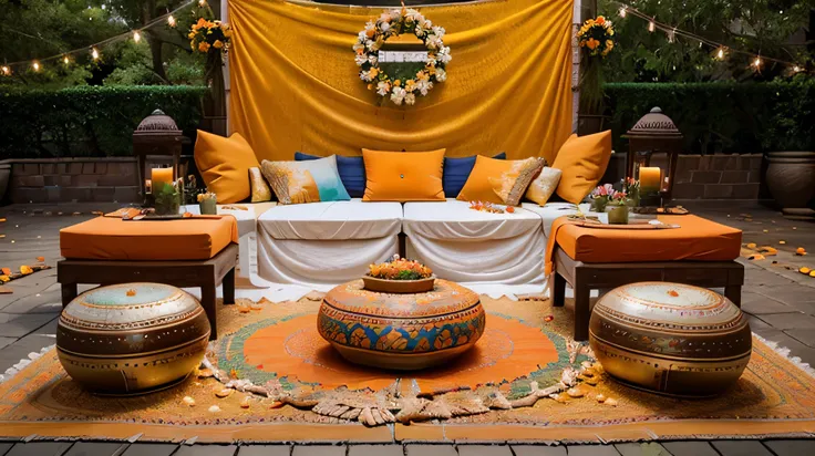 Outdoor setting, Indian mehndi ceremony decor, Floral decor, candles, garland, large bowls with orange tumeric powder on floor, Large bowls with bright flower petals are on the floor, Two orange ottomans surrounded by smaller ottomans, photo realistic