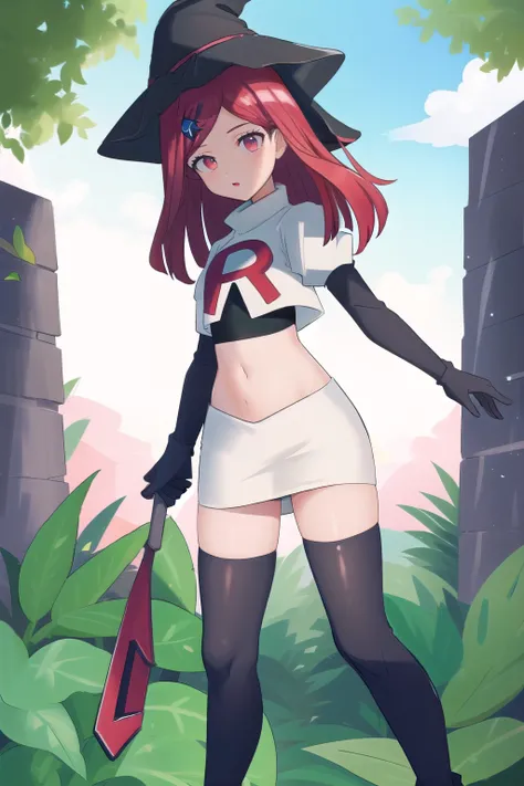 Masterpiece, Best Quality,  1girl, hat, witch hat, outdoors, sky, team rocket,team rocket uniform,white skirt,red letter R,crop top,black thigh-highs,black elbow gloves