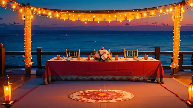 traditional Indian wedding reception, coastal, ocean in background, dusk, fireworks, floral decor, bright colors, long tables, rope lights, indian decor