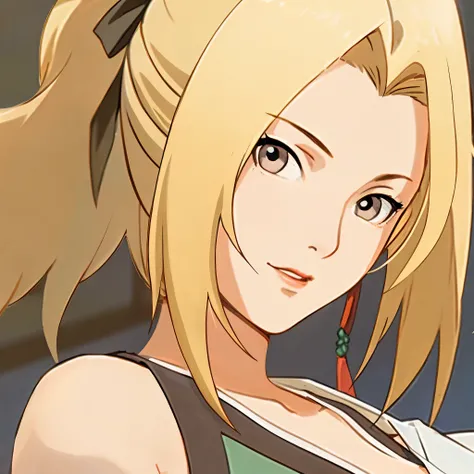 masterpiece， best quality， Super detailed， illustration，1 girl，blonde，brown eyes，high ponytail，，Big breasts，dress off shoulder shirt，（green skirt：1.1）
looking at the audience，Fruit ice/（Boruto/），Detailed lips
