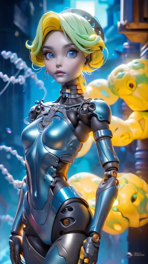 (8K, foto cruda, Of the highest quality, Obra maestra:1.2), High definition RAW color photography, ProFessional Photoshoot, cinematic light, alone, (yellow machine body. , female mechanical doll:1.4 ), (detailed expression), (small face), gargantilla, cuer...