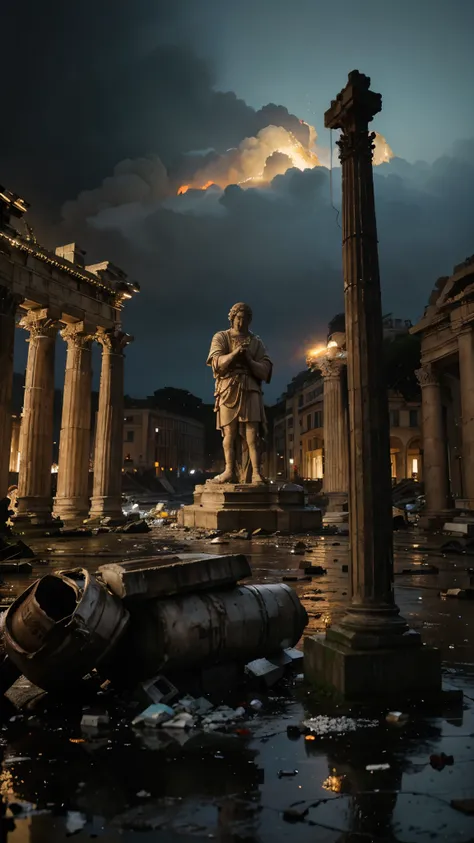 hyper cinematic shot of a statue praying on a destroyed roman city, photorealistic, night, stone statue, a statue praying, destroyed city, rain, raindrops, on fire, smoke, chaotic background, wind, trash, papers on the ground, water podle, (old roman city,...