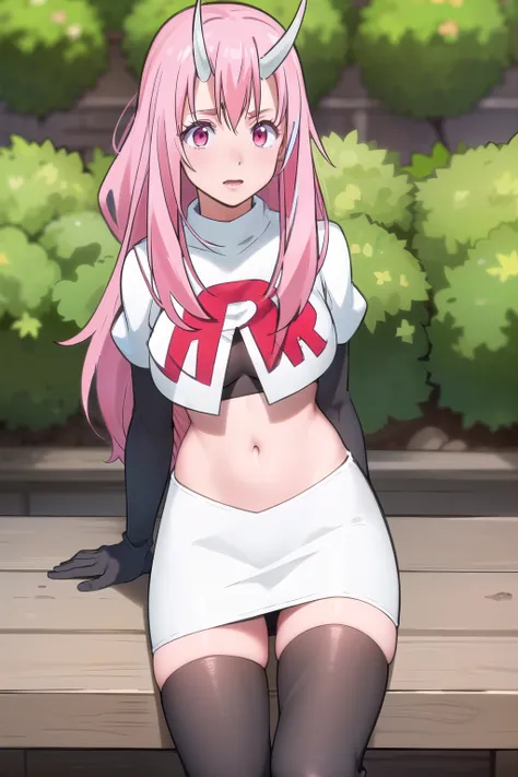 photorealistic, (4k), depth of field, (Masterpiece), (realistic skin texture), extremely detailed, intricate, hyper detailed, professional photography, high resolution, sharp detail, best quality, girl, long hair, pink hair, pink eyes, horns, team rocket,t...