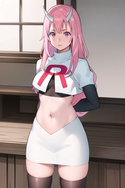 photorealistic, (4k), depth of field, (Masterpiece), (realistic skin texture), extremely detailed, intricate, hyper detailed, professional photography, high resolution, sharp detail, best quality, girl, long hair, pink hair, pink eyes, horns, team rocket,t...
