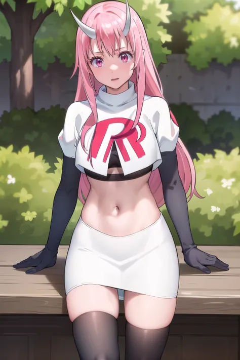 photorealistic, (4k), depth of field, (Masterpiece), (realistic skin texture), extremely detailed, intricate, hyper detailed, professional photography, high resolution, sharp detail, best quality, girl, long hair, pink hair, pink eyes, horns, team rocket,t...