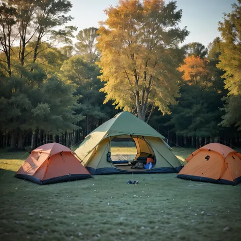 there is a tent pitched up on the grass by the water, tent, tents, scenery full beat, camping, all in the amazing outdoors view, tent architecture, Detailed wide angle shot, 3 / 4 views, 3/4 views, Realistic scene, Adventure surreal rendering, bright orang...