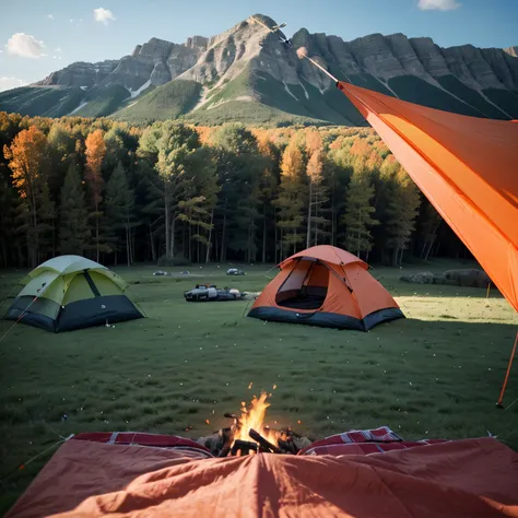 there is a tent pitched up on the grass by the water, tent, tents, scenery full beat, camping, all in the amazing outdoors view, tent architecture, Detailed wide angle shot, 3 / 4 views, 3/4 views, Realistic scene, Adventure surreal rendering, bright orang...