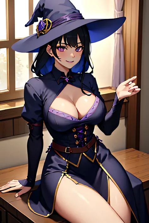 Beautiful Witch woman, with short black hair, Purple eyes, big bust, dressed witch clothes, sitting in a tavern smiling, Realistic, Full HD, Best Quality