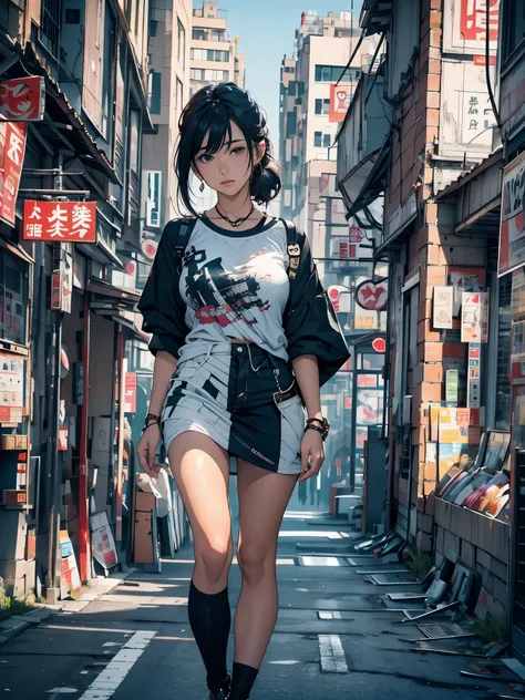 obra de arte, melhor qualidade, 8K, photographic reality, Realista, octane rendering, Busy urban streets in Japan (1 mulher: 1.4), (Apenas uma mulher na tela: 1.3), (camisa branca justa), (longos cabelos dourados), (Saia longa enrolada no quadril), (olhos ...