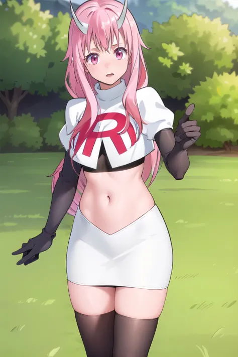 photorealistic, (4k), depth of field, (Masterpiece), (realistic skin texture), extremely detailed, intricate, hyper detailed, professional photography, high resolution, sharp detail, best quality, girl, long hair, pink hair, pink eyes, horns, team rocket,t...