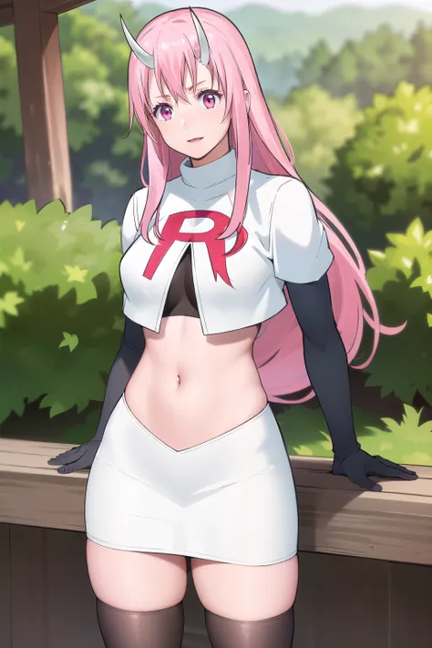 photorealistic, (4k), depth of field, (Masterpiece), (realistic skin texture), extremely detailed, intricate, hyper detailed, professional photography, high resolution, sharp detail, best quality, girl, long hair, pink hair, pink eyes, horns, team rocket,t...