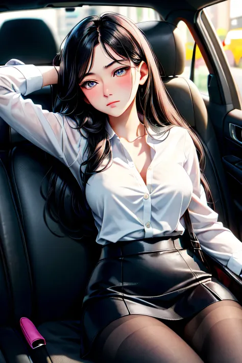 ((best quality)), ((masterpiece)), ((best quality)), ((masterpiece)), (detailed), perfect face, Beautiful woman in her 20s, long black straight hair, silver eyes, drunk, red blush on cheeks, tired expression, white dress shirt, Sit diagonally in the back s...