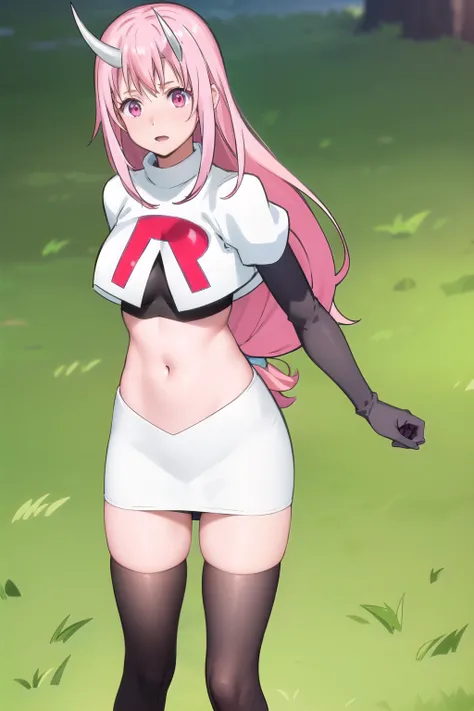 photorealistic, (4k), depth of field, (Masterpiece), (realistic skin texture), extremely detailed, intricate, hyper detailed, professional photography, high resolution, sharp detail, best quality, girl, long hair, pink hair, pink eyes, horns, team rocket,t...