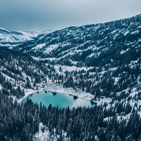 aerial view, blurred picture style, wet-in-wet, masterpiece, caldera lake in winter, powder snow falling, reflection of sunlight, motion-blur, action-lines, speed-lines