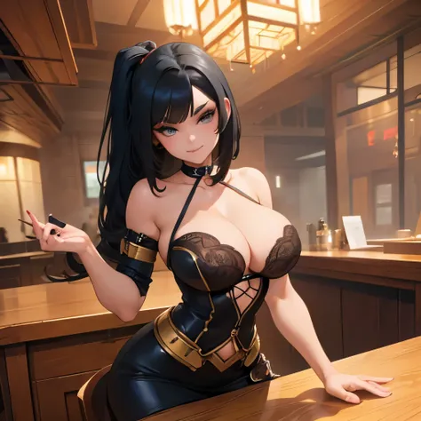 masterpiece. A gorgeous model ((stunning face, smokey anime eyes, thin eyebrows, long eyelashes, flirty smile, winning smile, mid-twenties, DD-size breasts, anime hair)) with a playful smile, full body shot. steampunk style, Steampunk style bar in the back...