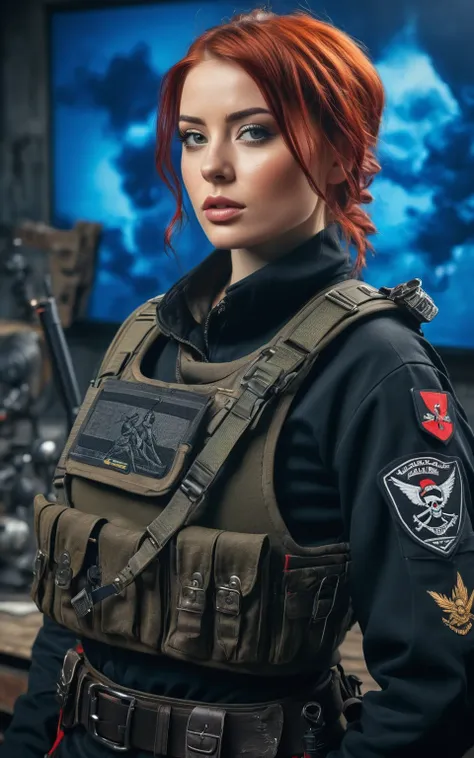 beautiful female soldier, very beautiful Scottish face, face like that of Scarlet Johanson, sensual expression, has a pirate patch in one eye, short red hair, red military toptank, tight black military pants with red details, ammunition belt and harness , ...