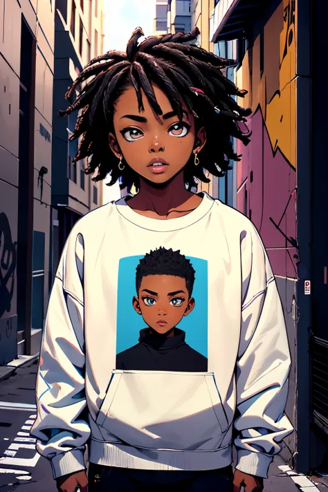 black boy, sweatshirt, beautiful detailed eyes, stylish haircut, urban setting, vibrant colors, street art, graffiti, cool pose, natural lighting, realistic, modern art style, high resolution, rich texture, youthful energy.
