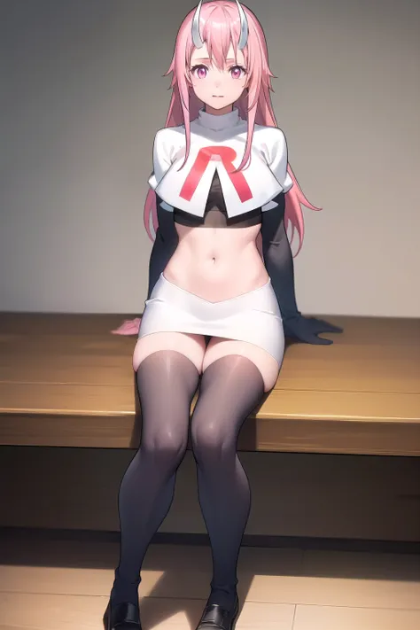 photorealistic, (4k), depth of field, (Masterpiece), (realistic skin texture), extremely detailed, intricate, hyper detailed, professional photography, high resolution, sharp detail, best quality, girl, long hair, pink hair, pink eyes, horns, team rocket,t...