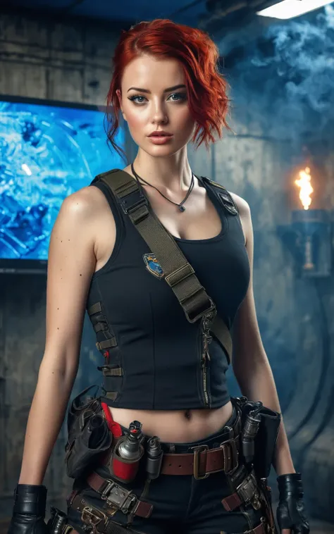 beautiful female soldier, very beautiful Scottish face, face like that of Scarlet Johanson, sensual expression, has a pirate patch in one eye, short red hair, red military toptank, tight black military pants with red details, ammunition belt and harness , ...