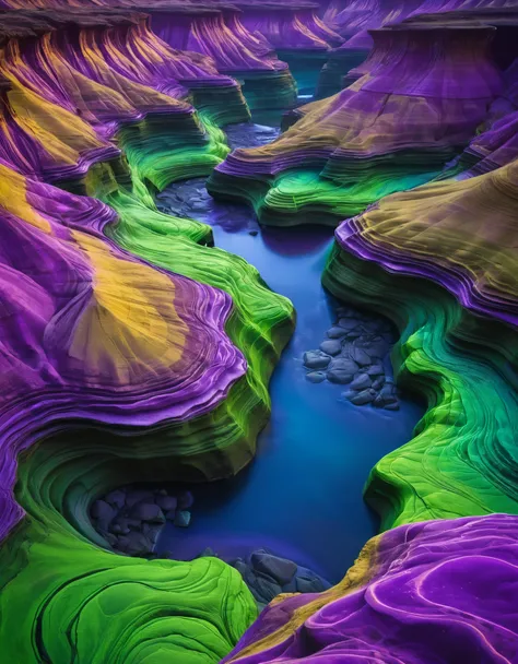 A surreal alien canyon with undulating rock formations in shades of vivid purple and neon green, carved by an ancient alien river of molten gold.