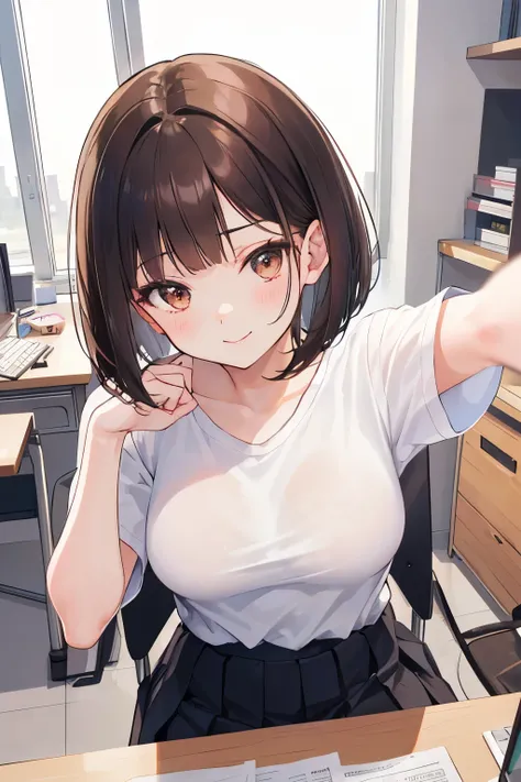 frame in, from right in front of face and body, view straight on, upper body, High quality, very high res, High quality, very high res, cute girl, brown hair, forehead, blunt bangs, bob cut, blush, Brushed up bangs, (white wearing a plain t-shirt), upright...