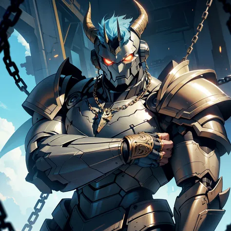 A muscular robot man with epic armor and horns on his head, adorned with chains in his arms.

A hombre robot, heavily built and magnificently armored, bearing horns atop his metallic head. Chains adorned his robust, powerful arms.