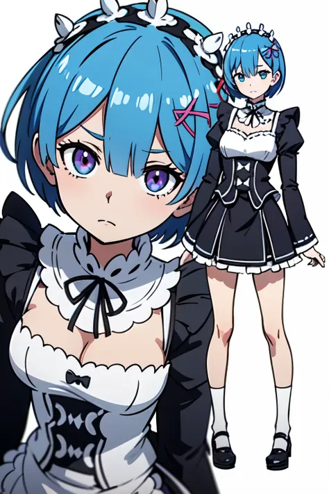 Rem from Re:zero, maid outfit , full body, standing straight, serious look, white background, resting position, expression would be, from the waist up, visual novel pose