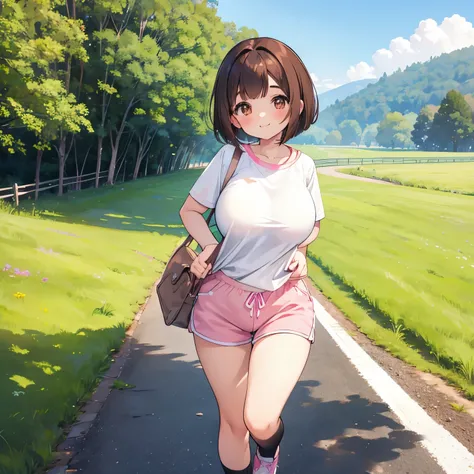 big breasts, brown hair, brown eyes, bob cut, blush, smile, morning, bright, white shirt, pink shorts, black color socks, thick legs, happiness, rural scenery, stroll, Pink running shoes,