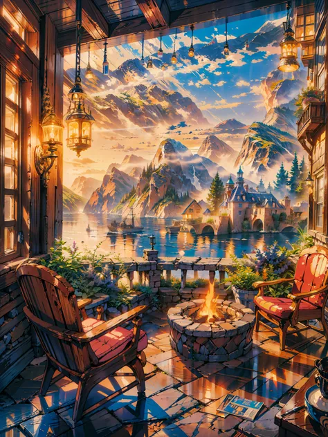 a living room filled with furniture and a fire pit, ( ( thomas kinkade ) ), dan mumford and thomas kinkade, scenery artwork, kinkade, style of thomas kinkade, style thomas kinkade, scenery art detailed, thomas kinkade style painting, thomas kinkade paintin...