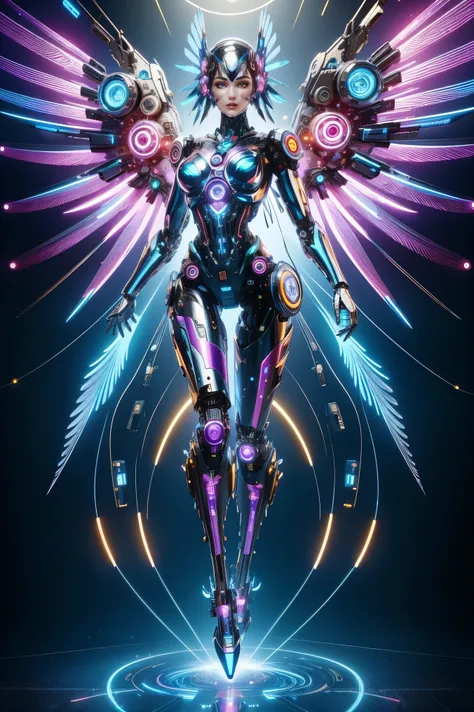 (masterpiece, best quality:1.2), futuristic, mechanical female angel, high-tech machinery, dreamy radiance, full body, female fi...