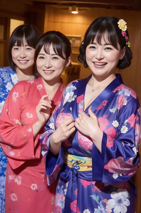 魅力的なwoman性, ３woman, bbw, yukata、big breasts, laughter、hot spring inn、masterpiece, highest quality,