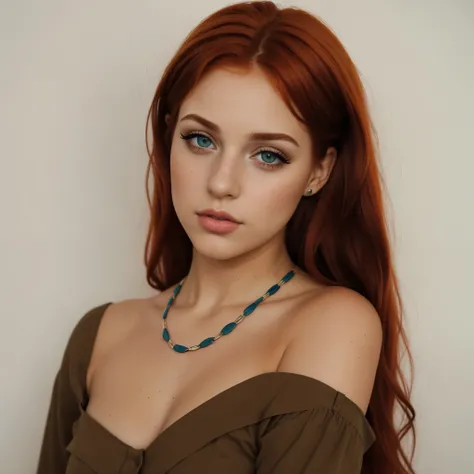 1girl, (realista:0.75), orange hair, Cabello largo, ojos negros, 22 years old,ojos verdes,europeas, selfie, comida，European and American woman, thick lips, blue clothes